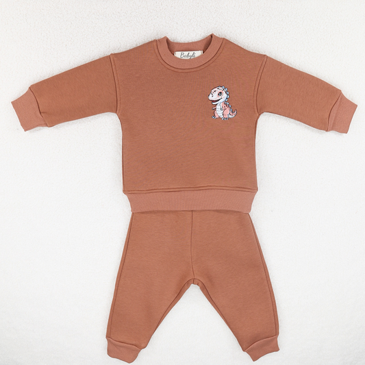 Brown babyand toddler tracksuit with dinosaur embroidery and matching joggers