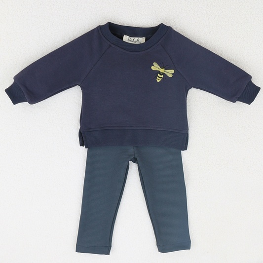 Bumblebee baby clothing set with navy sweatshirt and leggings.