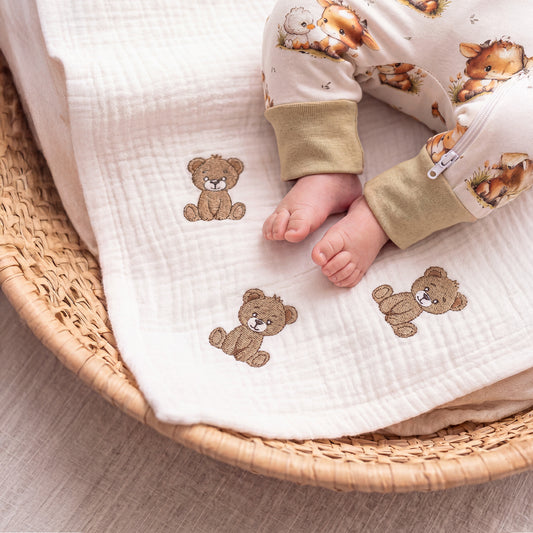 Close-up of Babyli Highland Cow Double Zip Baby Sleepsuit showing two-way zip fastening and soft fold-over cuffs