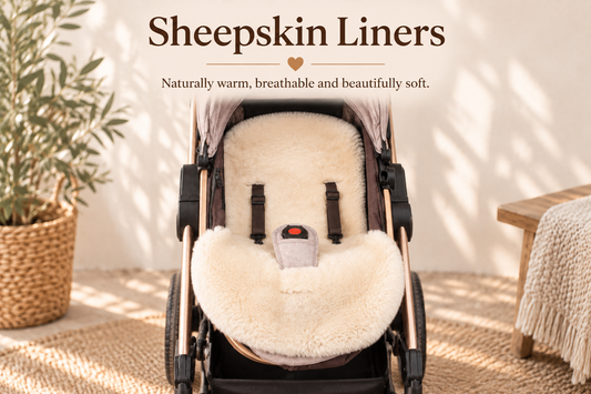 Cream sheepskin pram liner with brown suede backing fitted inside a pushchair seat