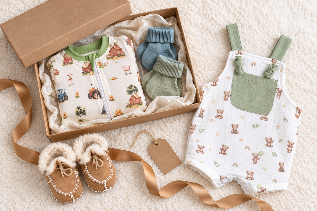 Babyli farm animals sleepsuit, sage teddy muslin romper, sheepskin baby booties and ribbed socks arranged in a kraft gift box with ribbon