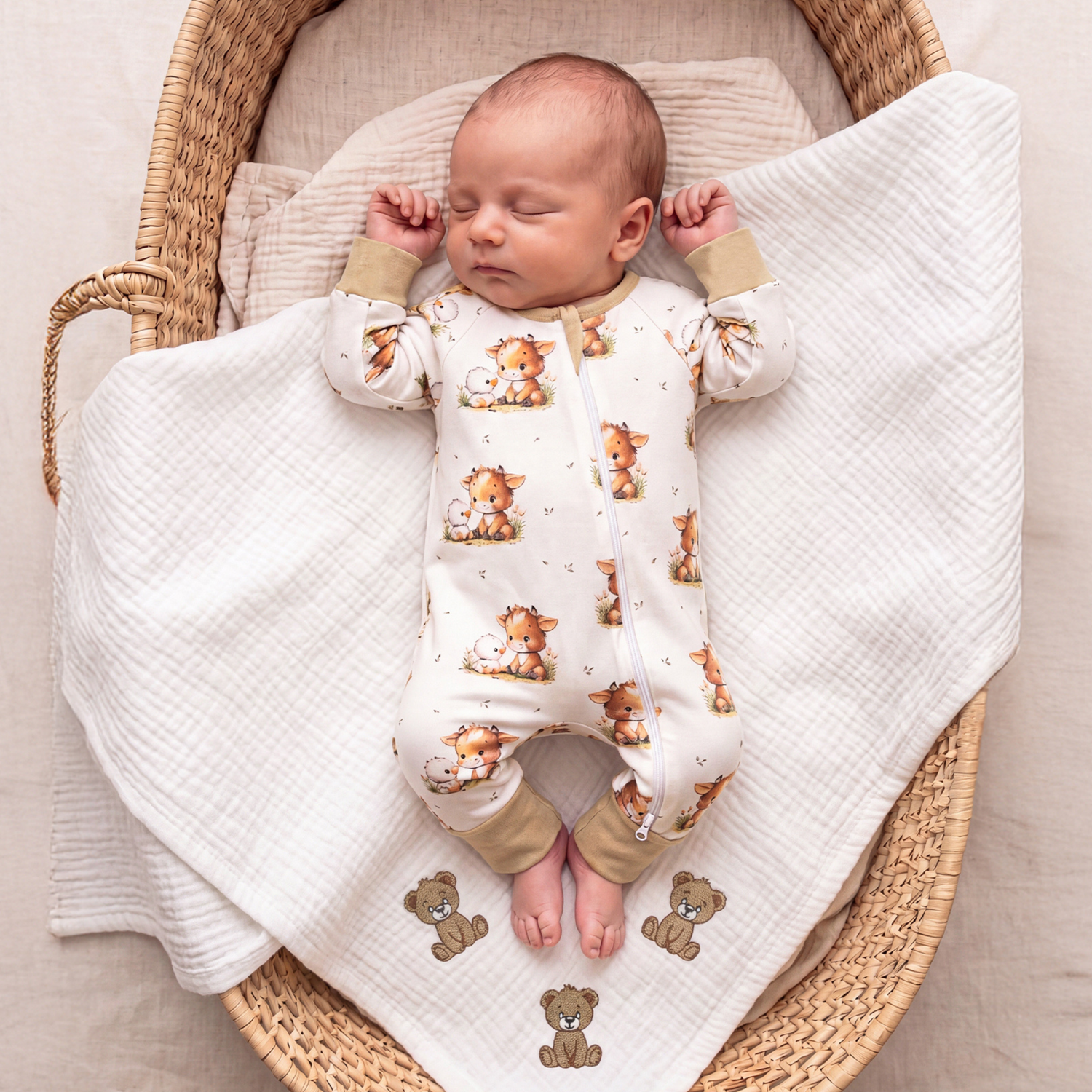 Baby sleeping in Moses basket wearing Highland Cow double zip baby sleepsuit