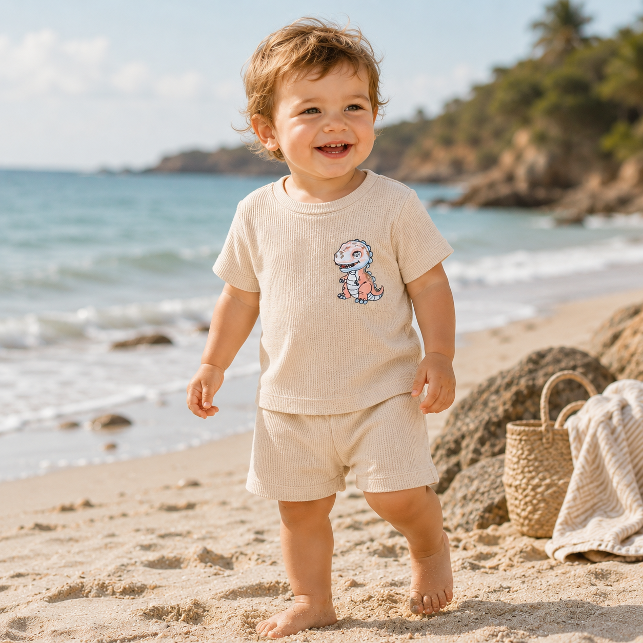 Toddler wearing beige waffle dinosaur t-shirt and shorts set on a beach