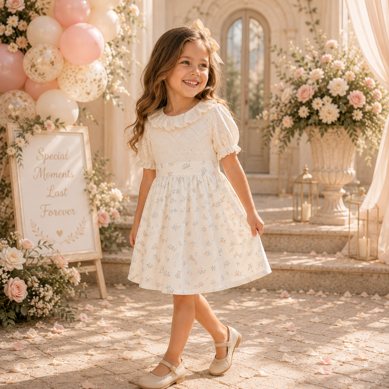 Girl wearing cream floral print dress with lace collar and puff sleeves