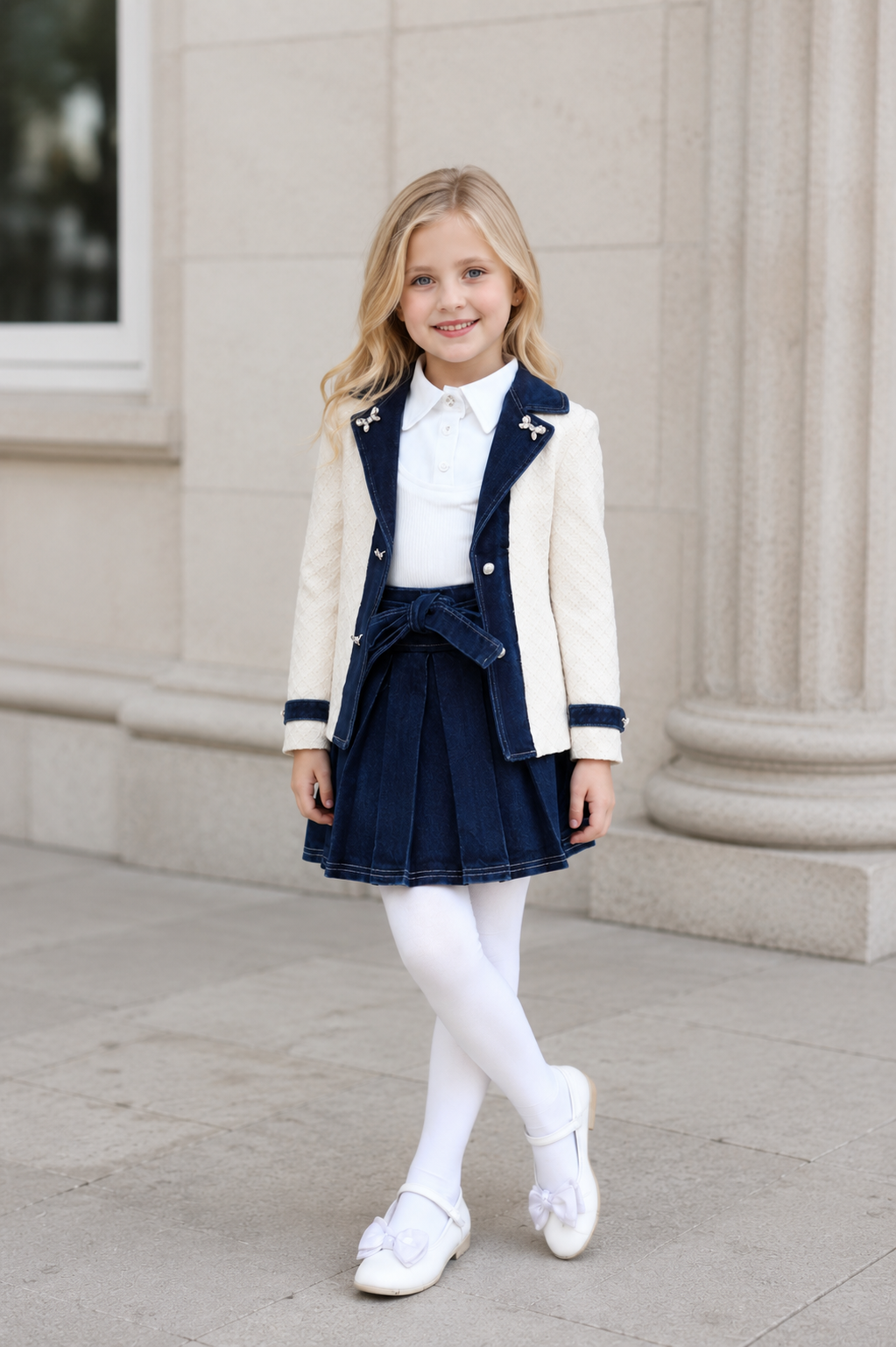 Girl wearing navy blue pleated denim skirt with matching cream tweed jacket