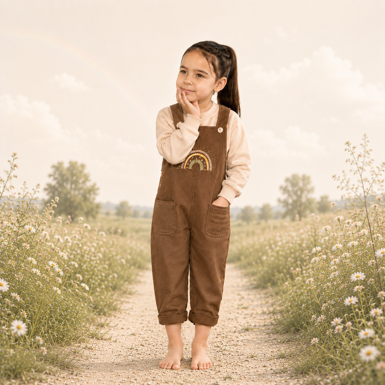 Brown baby dungarees with rainbow embroidery detail