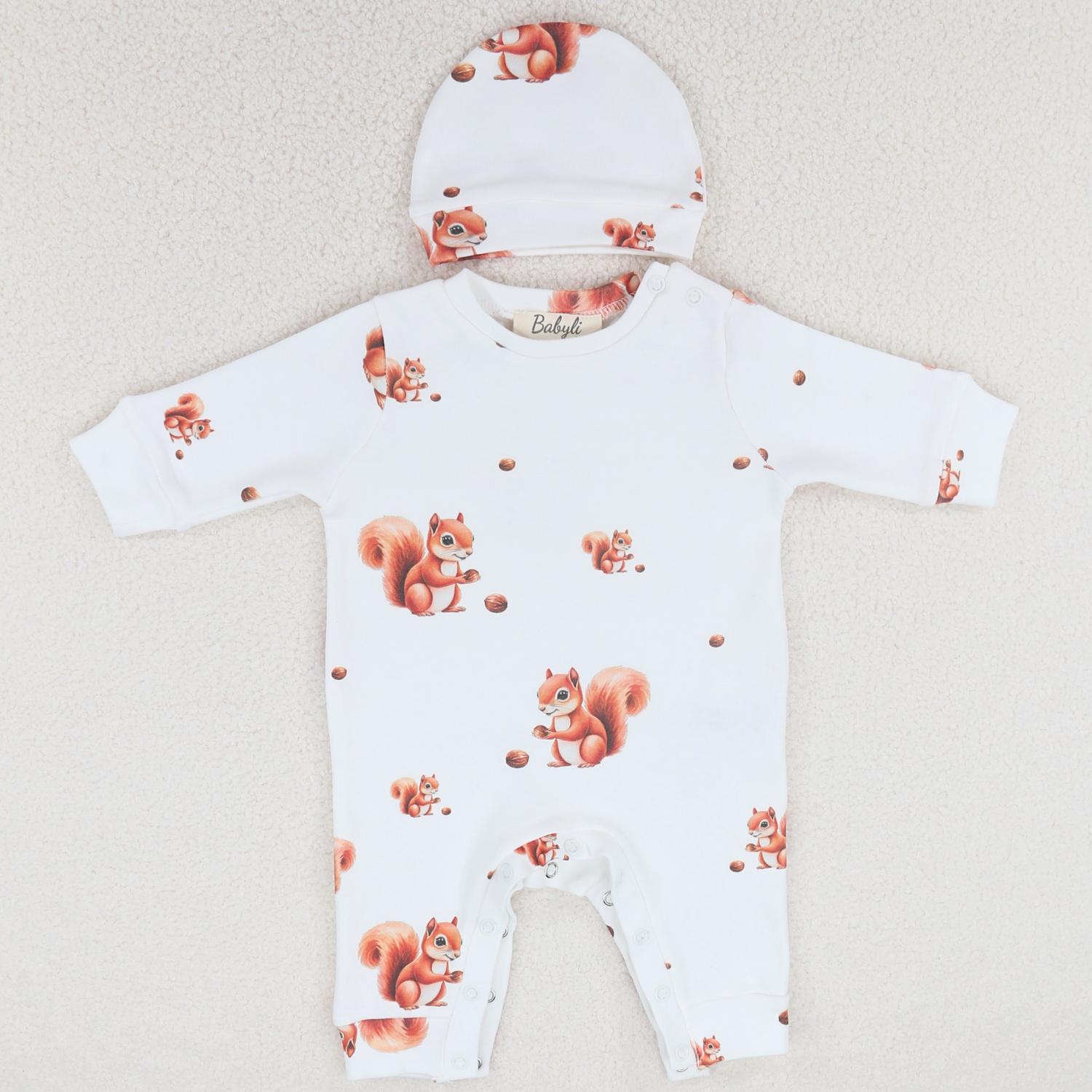Cotton baby grow with squirrel print and matching baby hat