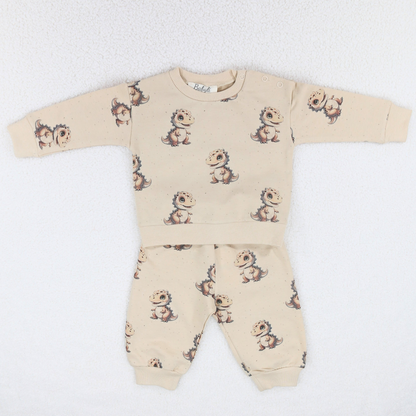 Beige Dino Print Long Sleeve Cotton Set