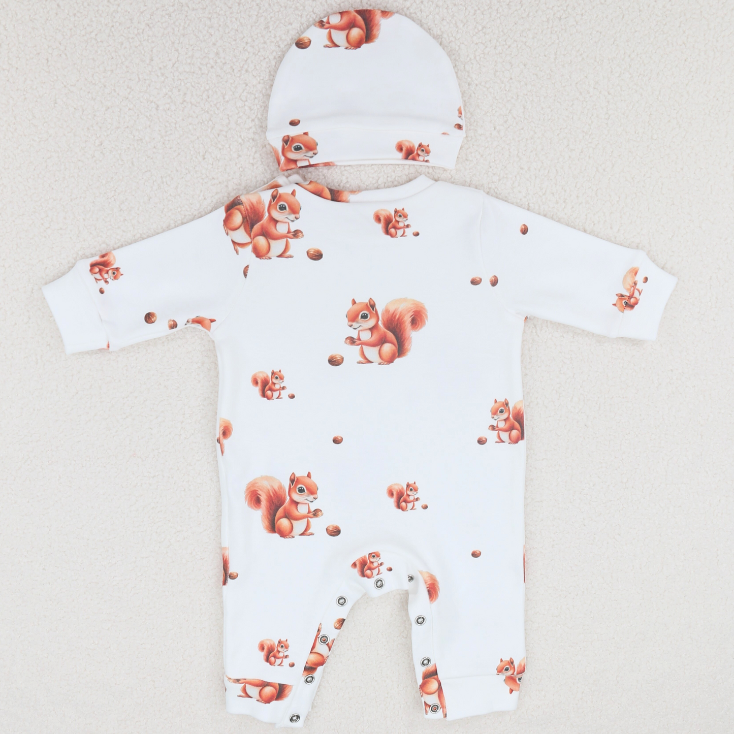 White Squirrel Cotton Romper & Hat