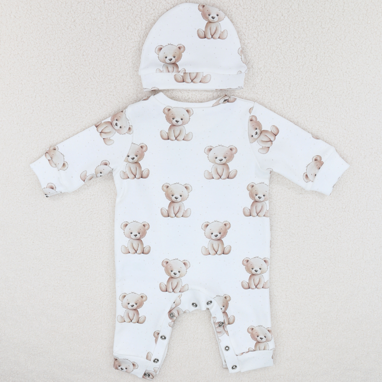 White Teddy Bear Cotton Romper & Hat