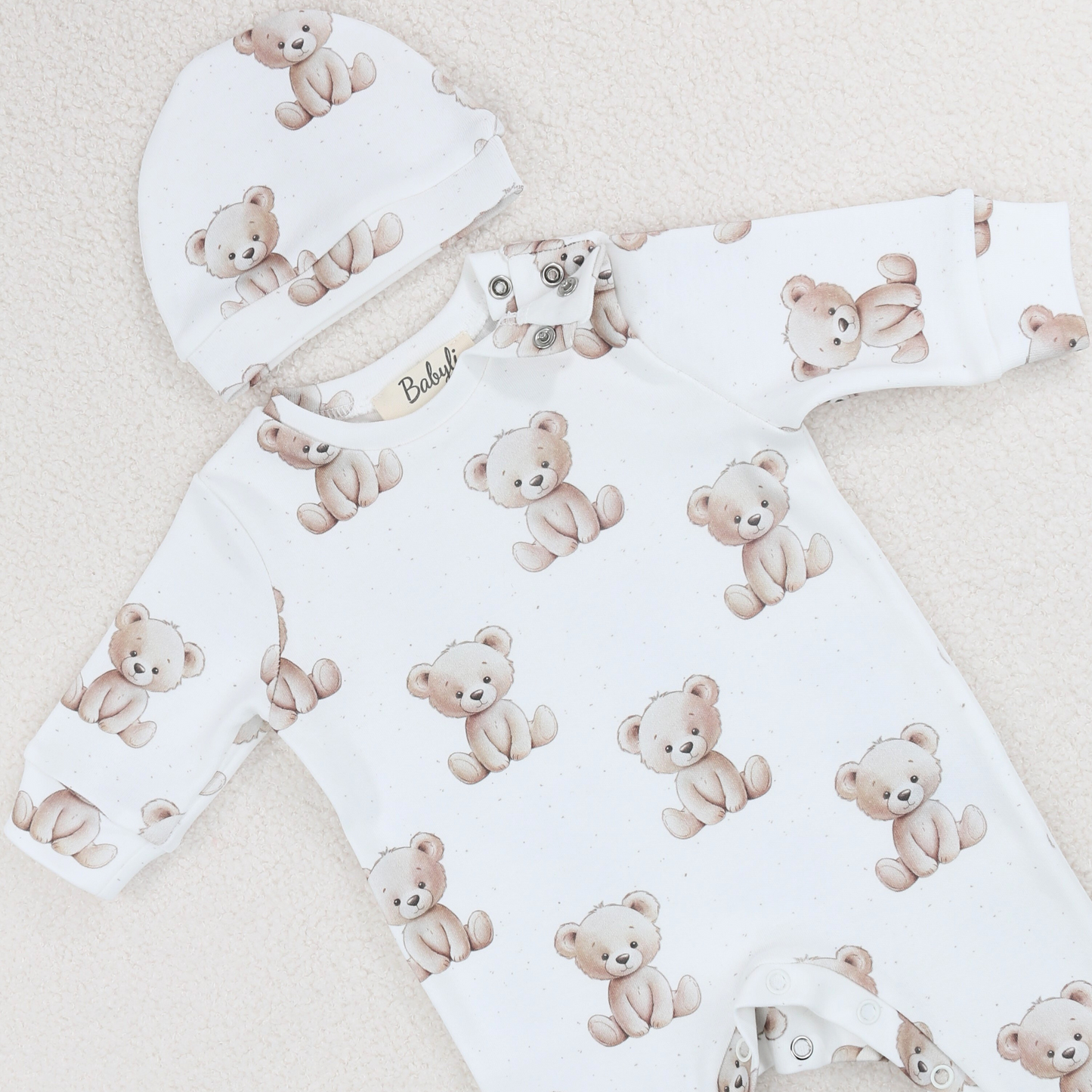 White Teddy Bear Cotton Romper & Hat