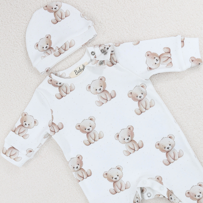 White Teddy Bear Cotton Romper & Hat