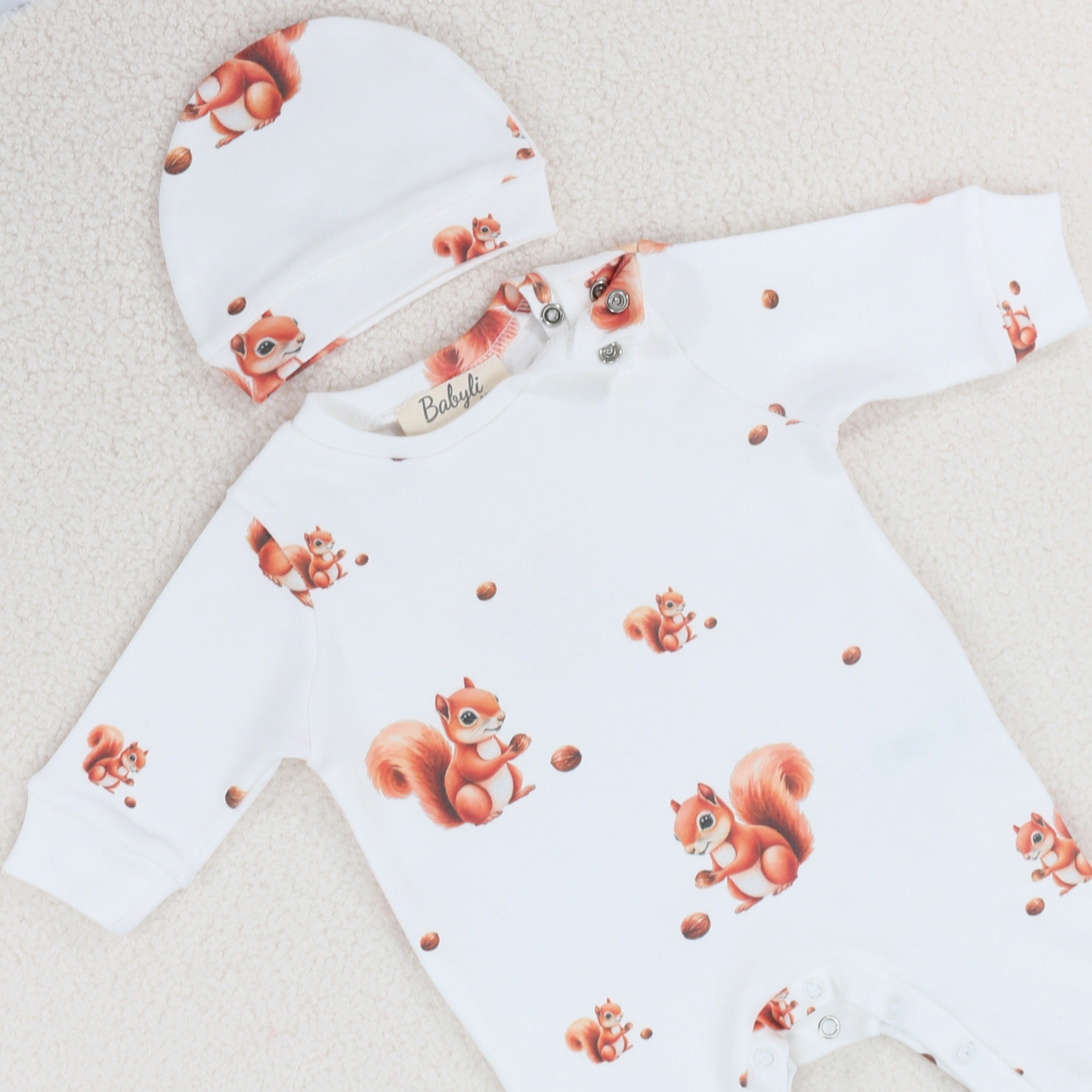 White Squirrel Cotton Romper & Hat