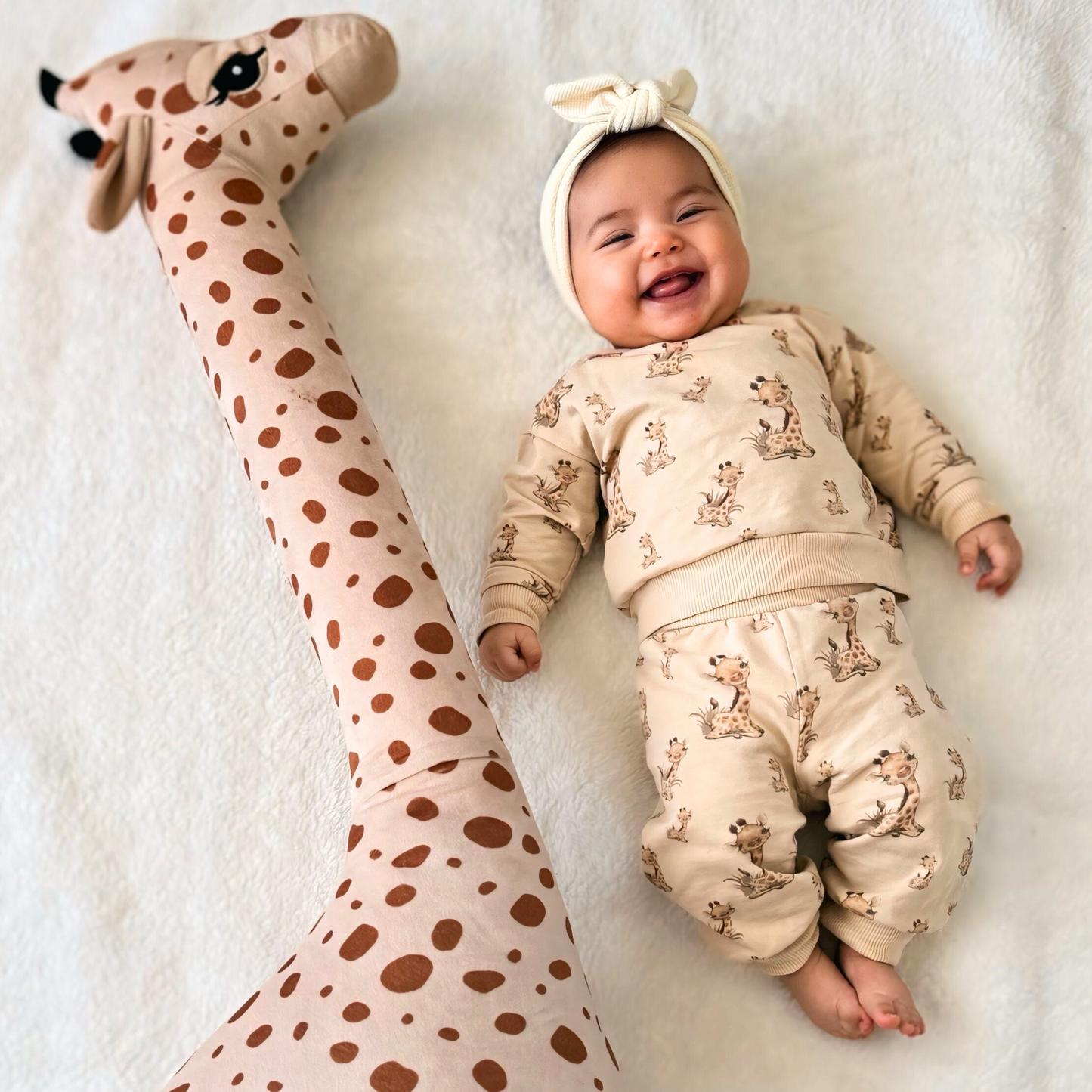Beige Giraffe Print Long Sleeve Cotton Set