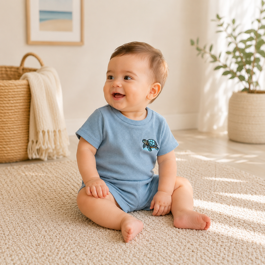Smiling baby wearing Babyli's blue waffle turtle T-shirt and shorts set in a bright, natural nursery lifestyle setting, sitting barefoot on a soft rug.