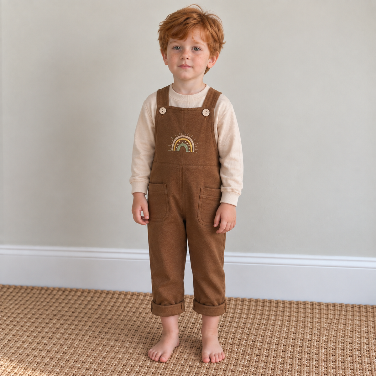 Brown baby and toddler dungarees with rainbow embroidery detail. 