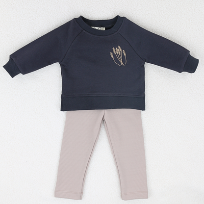 Navy Blue Wheat Cotton Sweatshirt & Fleece-Lined Leggings