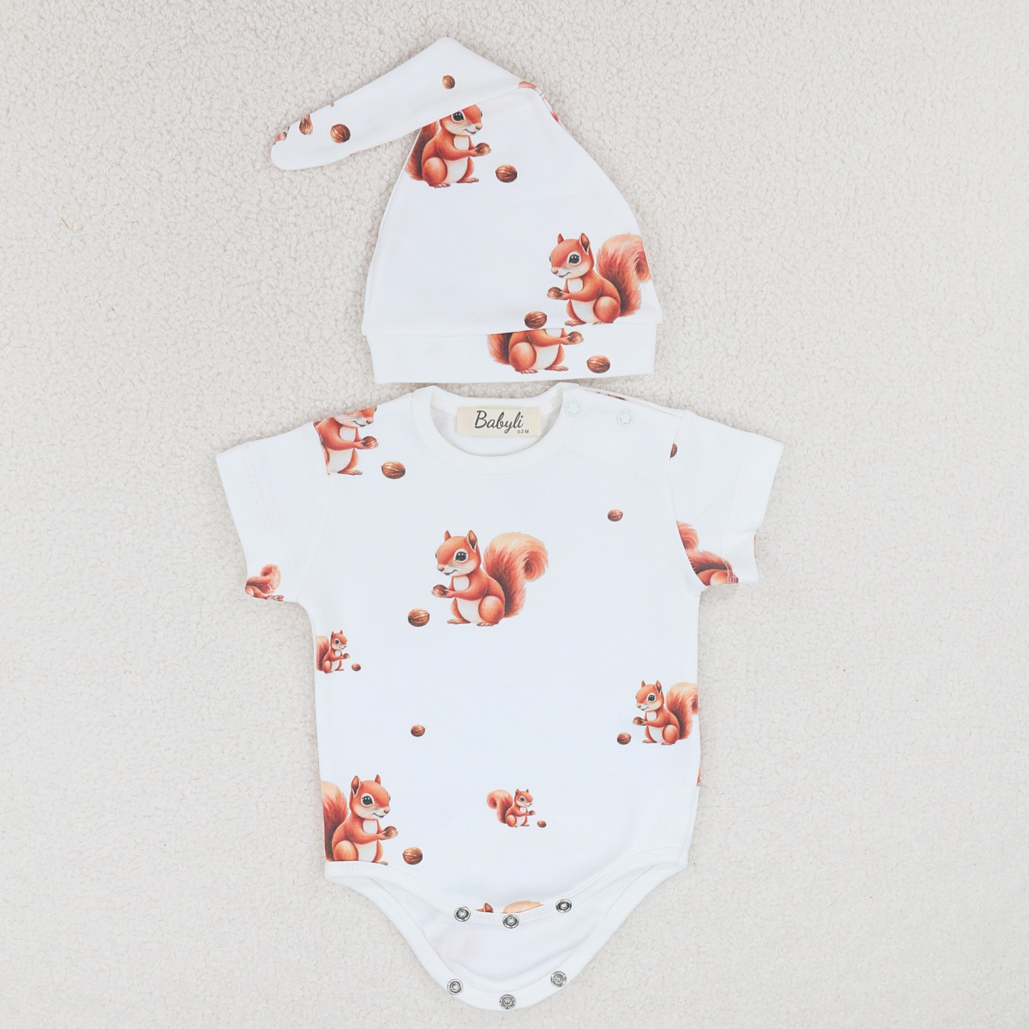 White Squirrel Baby Bodysuit & Hat 1