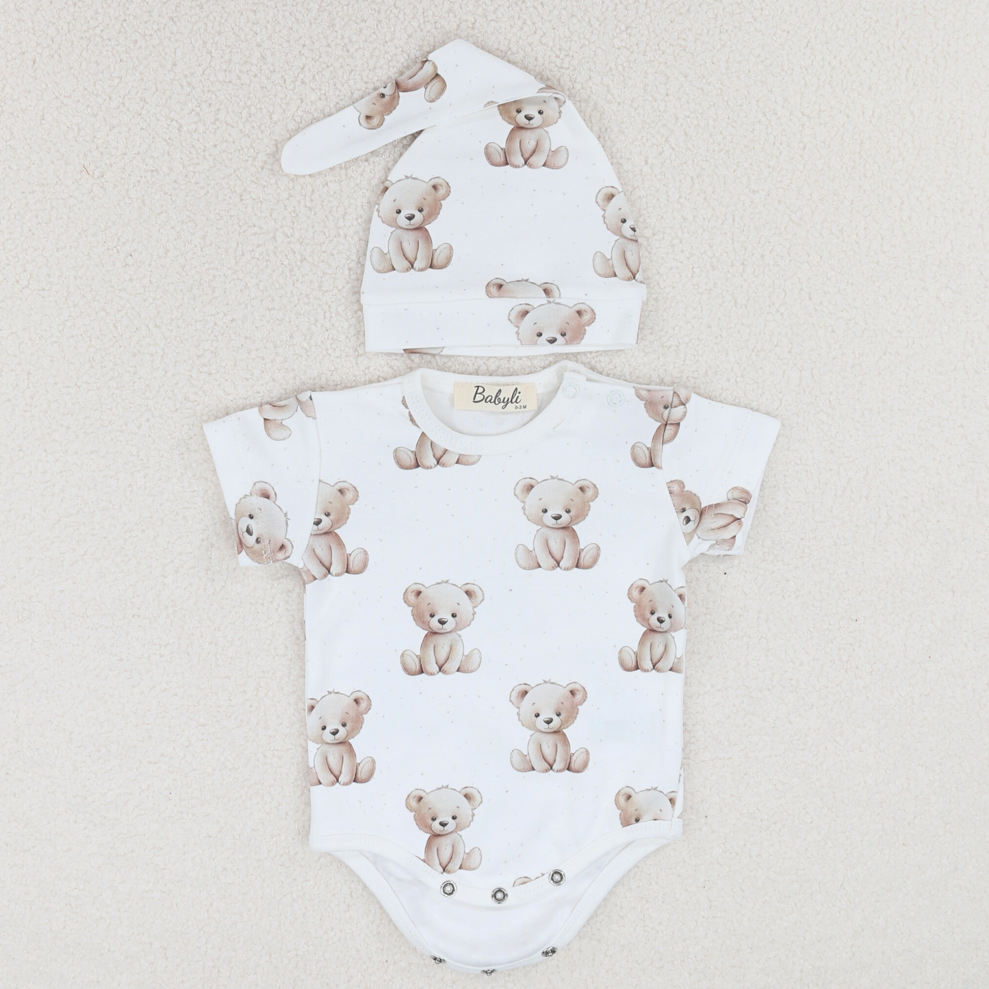 White Teddy Bear Baby Bodysuit & Hat 1
