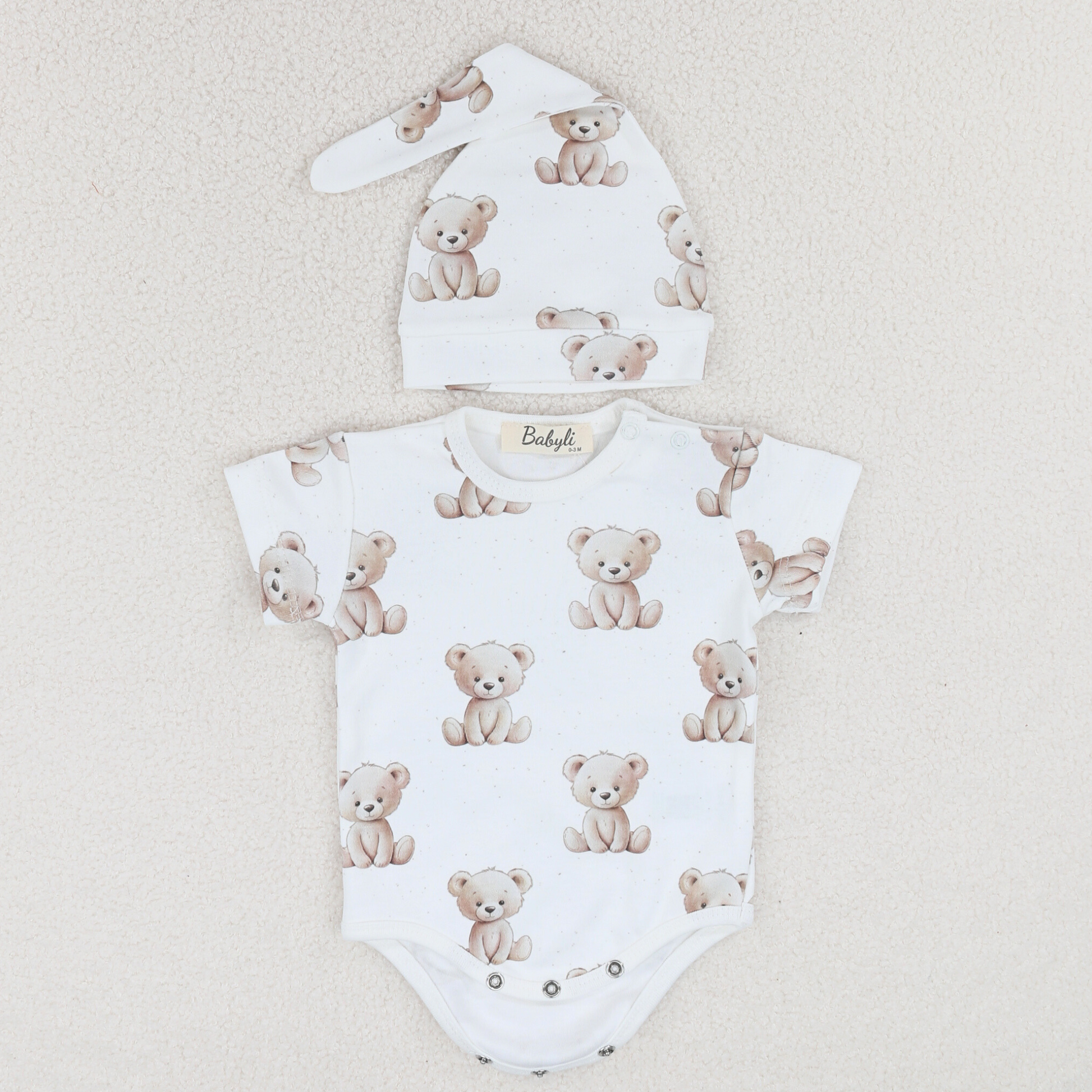 White Teddy Bear Baby Bodysuit & Hat 1