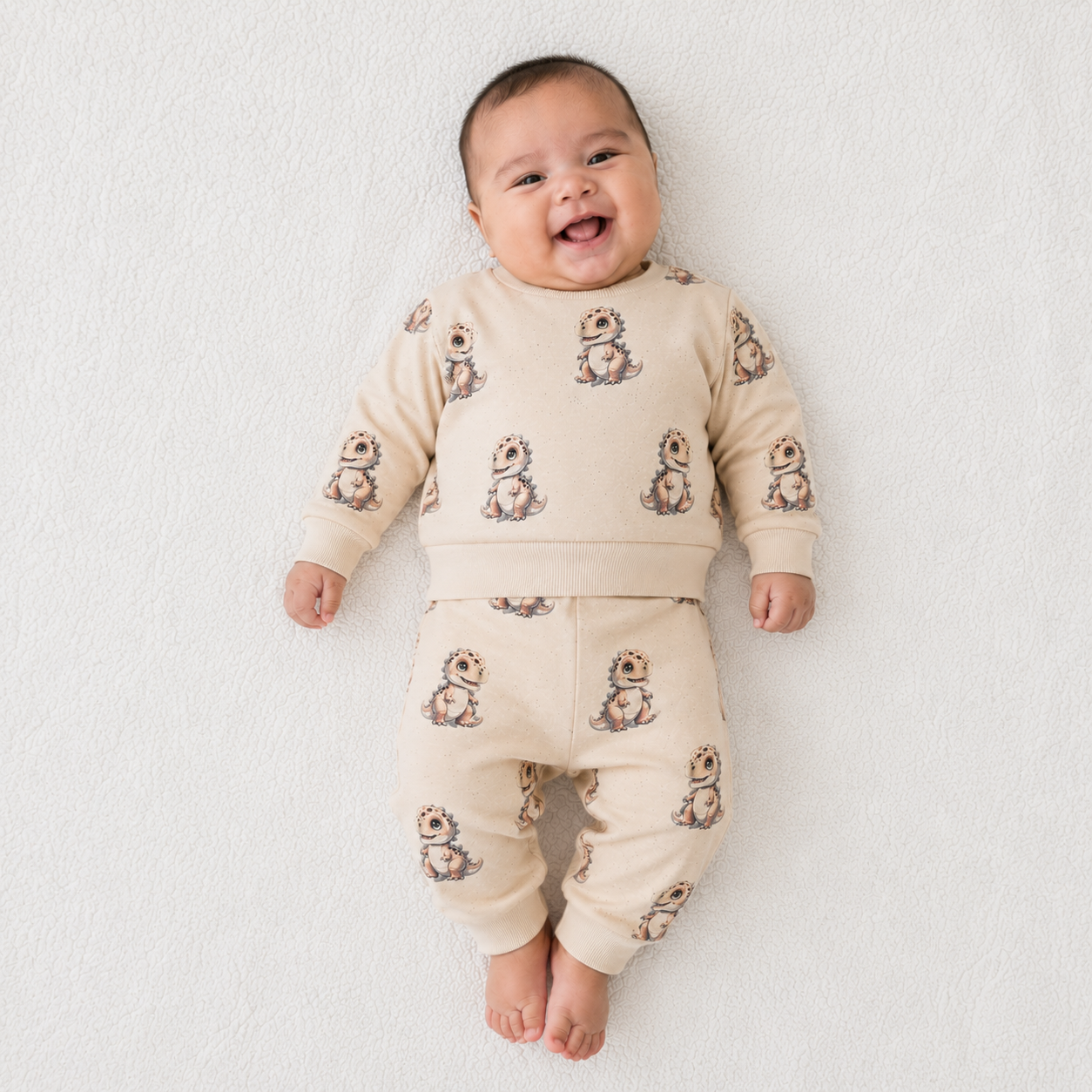 Baby beige dinosaur print sweatshirt and jogger set flat lay showing matching top and bottoms with cute dino character print by Babyli, boutique baby clothing UK