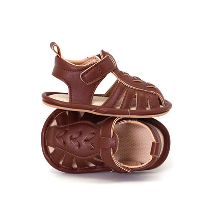 Baby boys brown leather look soft sole sandal stacked showing front and sole detail with stitch design by Babyli, boutique baby shoes UK