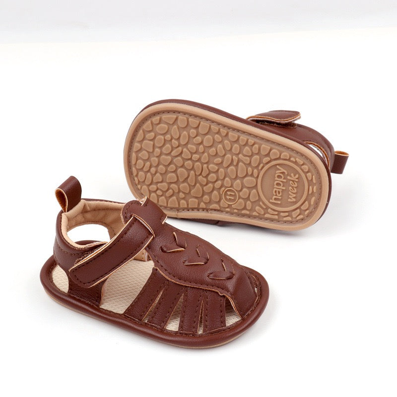 Baby boys brown leather look sandal showing non-slip Happy Week TPR pebble sole and side view with stitch detail by Babyli, baby shoes UK