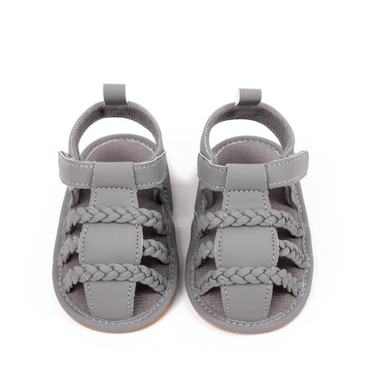 Baby unisex grey sandals pair top down view showing triple braided strap pattern and velcro closure by Babyli, boutique soft sole baby shoes UK