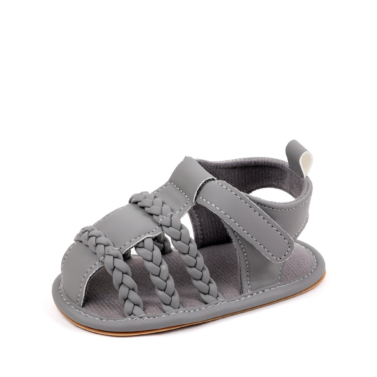 Baby unisex grey soft sole sandal with triple braided strap detail and velcro ankle strap by Babyli, boutique baby shoes UK