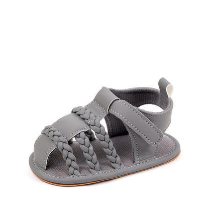 Baby unisex grey soft sole sandal with triple braided strap detail and velcro ankle strap by Babyli, boutique baby shoes UK