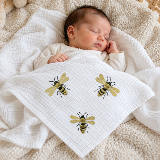 Newborn baby asleep under a white bee embroidered 4-layer muslin blanket by Babyli, with three gold and black embroidered bees on the corner