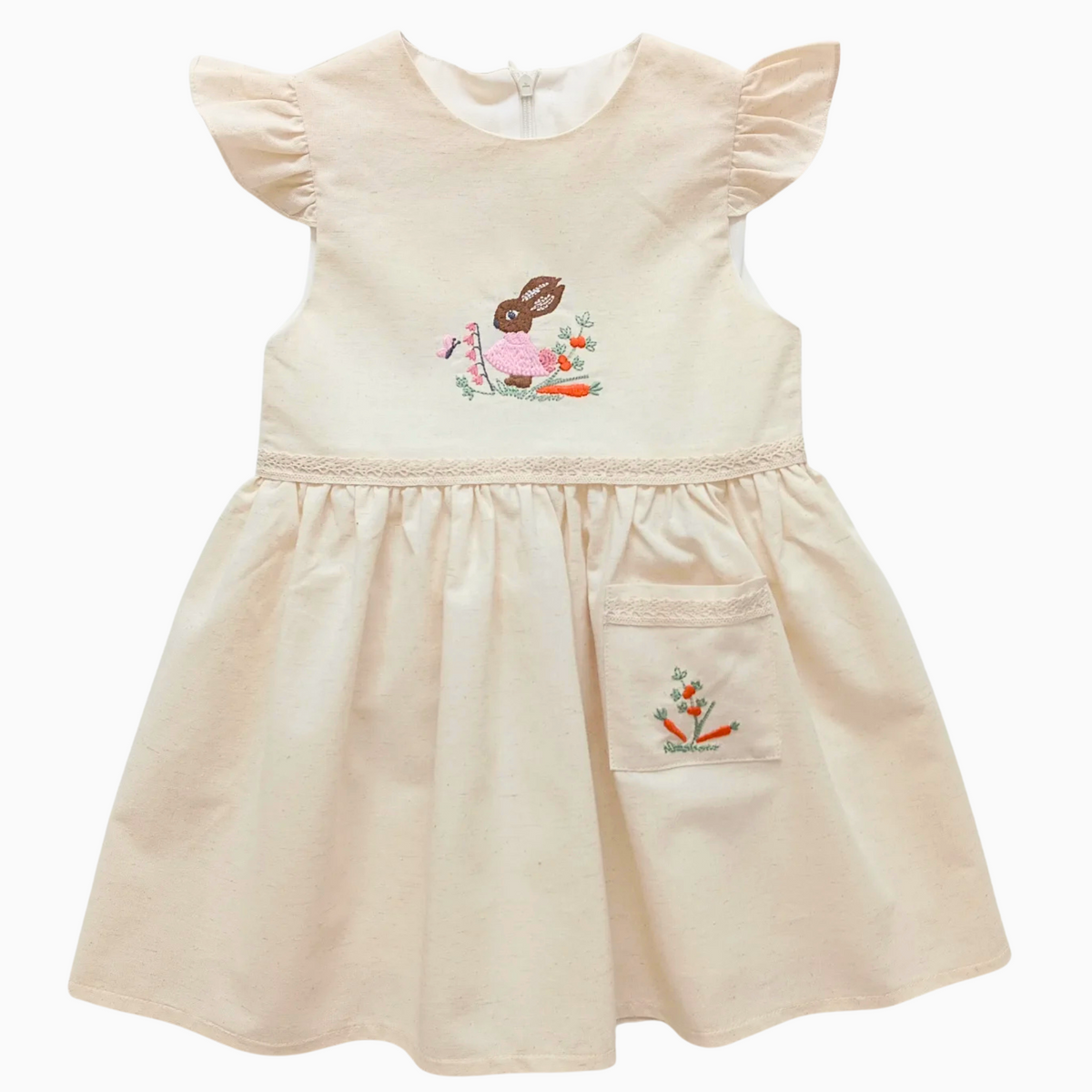Babyli beige bunny baby and toddler linen dress with rabbit embroidery and floral details, front view