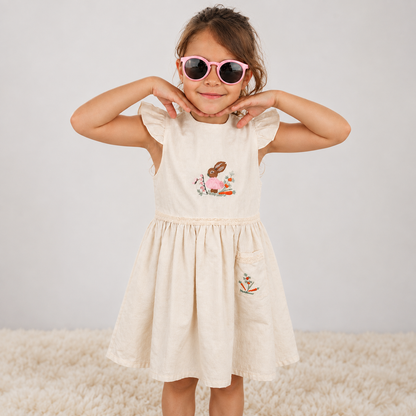 Girl wearing Babyli beige bunny baby and toddler linen dress, styled with pink sunglasses