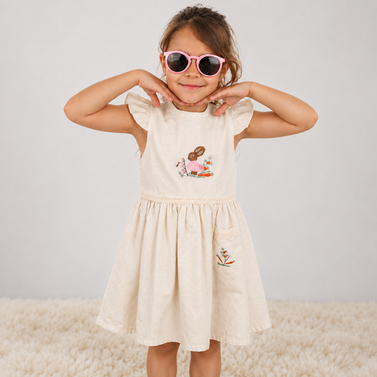 Girl wearing Babyli beige bunny baby and toddler linen dress, styled with pink sunglasses
