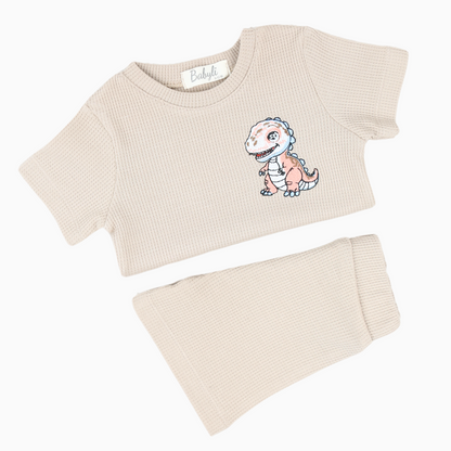 Babyli brown baby and toddler t-shirt and shorts set with dinosaur embroidery, back view