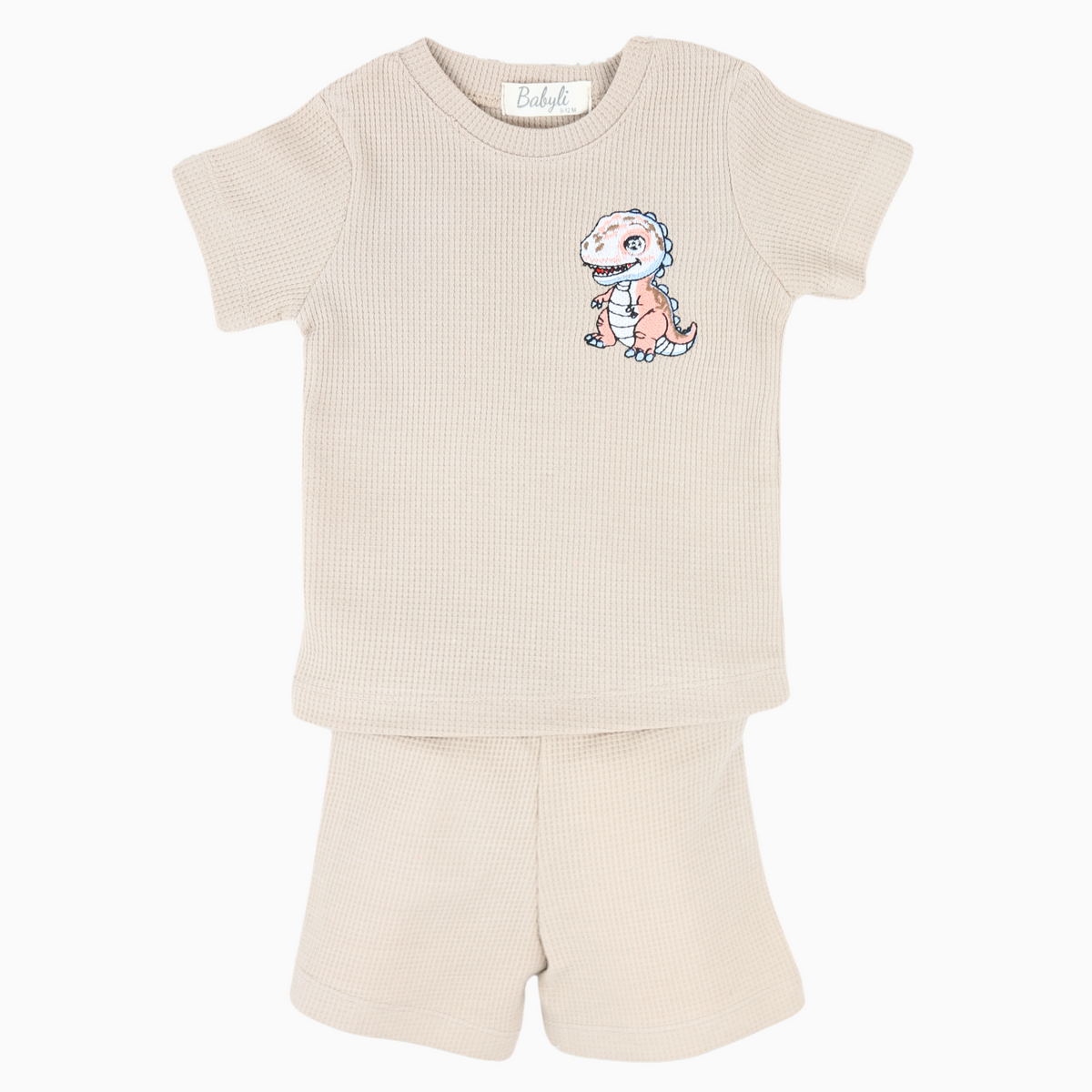 Babyli brown baby and toddler t-shirt and shorts set with dinosaur embroidery, front view