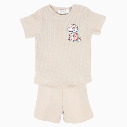 Babyli brown baby and toddler t-shirt and shorts set with dinosaur embroidery, front view