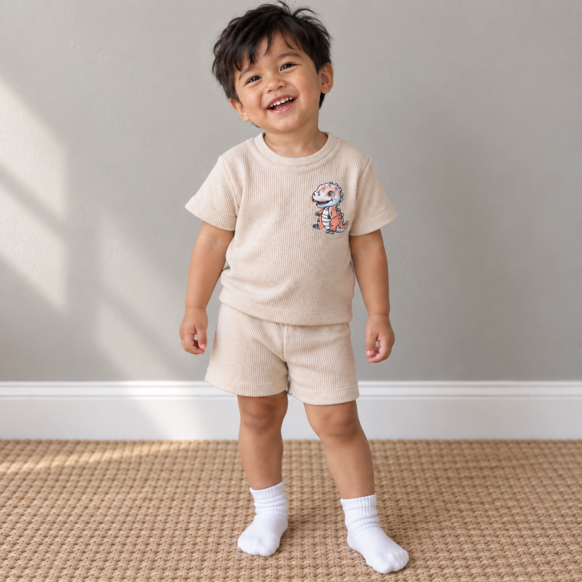 Toddler wearing Babyli brown dinosaur embroidered t-shirt and shorts set, candid photo