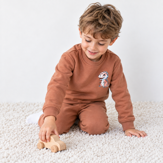 Boy pushing a wooden toy car wearing the Babyli brown dinosaur fleece-lined tracksuit with embroidered dinosaur
