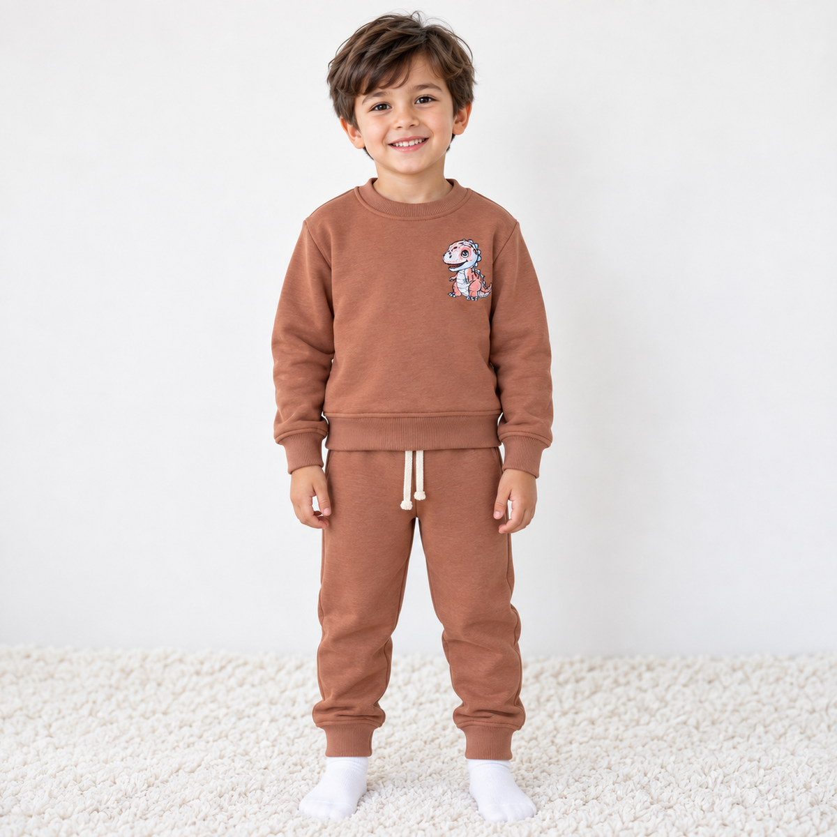 Boy wearing Babyli brown cotton tracksuit with embroidered dinosaur