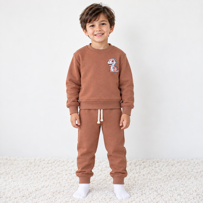 Boy wearing Babyli brown cotton tracksuit with embroidered dinosaur