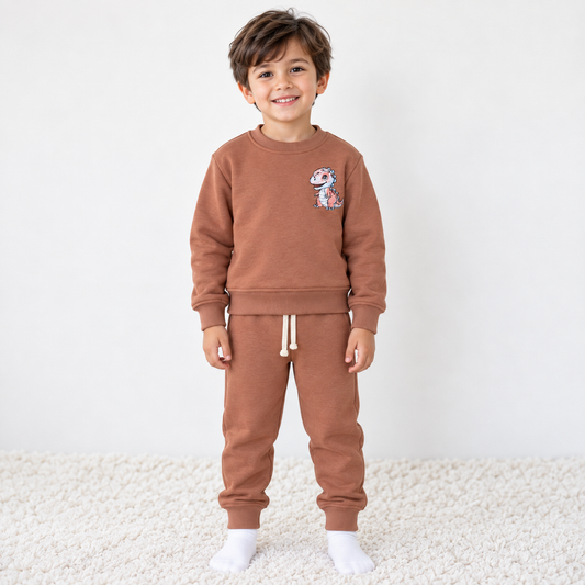 Boy wearing Babyli brown cotton tracksuit with embroidered dinosaur