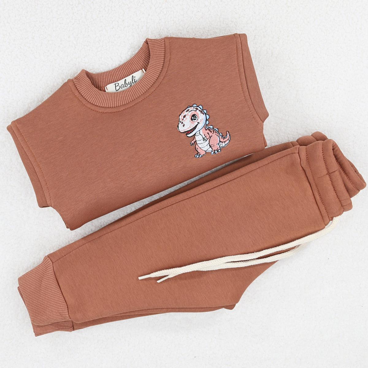Babyli brown dinosaur baby toddler tracksuit flat lay
