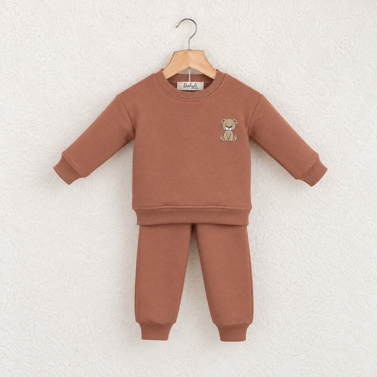 Babyli brown teddy bear baby toddler tracksuit with embroidered teddy on wooden hanger