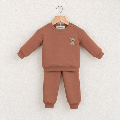 Babyli brown teddy bear baby toddler tracksuit with embroidered teddy on wooden hanger
