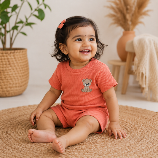 Toddler girl wearing Babyli's coral waffle teddy T-shirt and shorts set, sitting barefoot in a bright, neutral lifestyle setting with soft natural light.