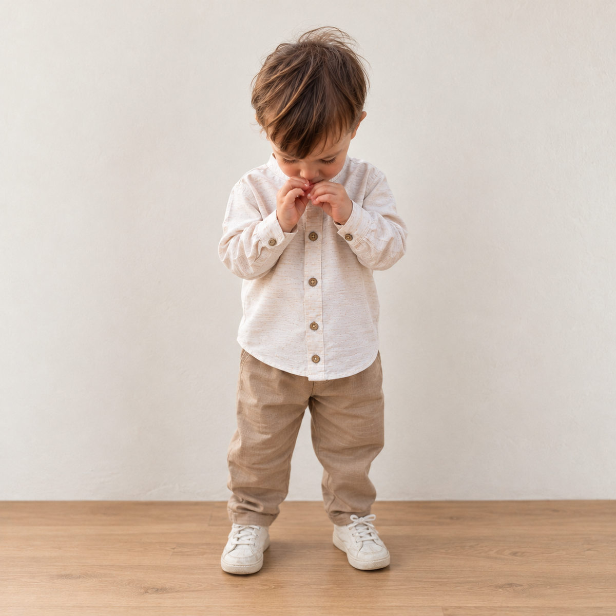 Toddler boy wearing Babyli cream shirt and beige trousers with stand-up collar