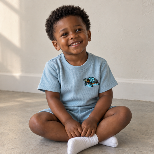 Toddler wearing Babyli dusty blue turtle embroidered t-shirt and shorts set, candid indoor photo