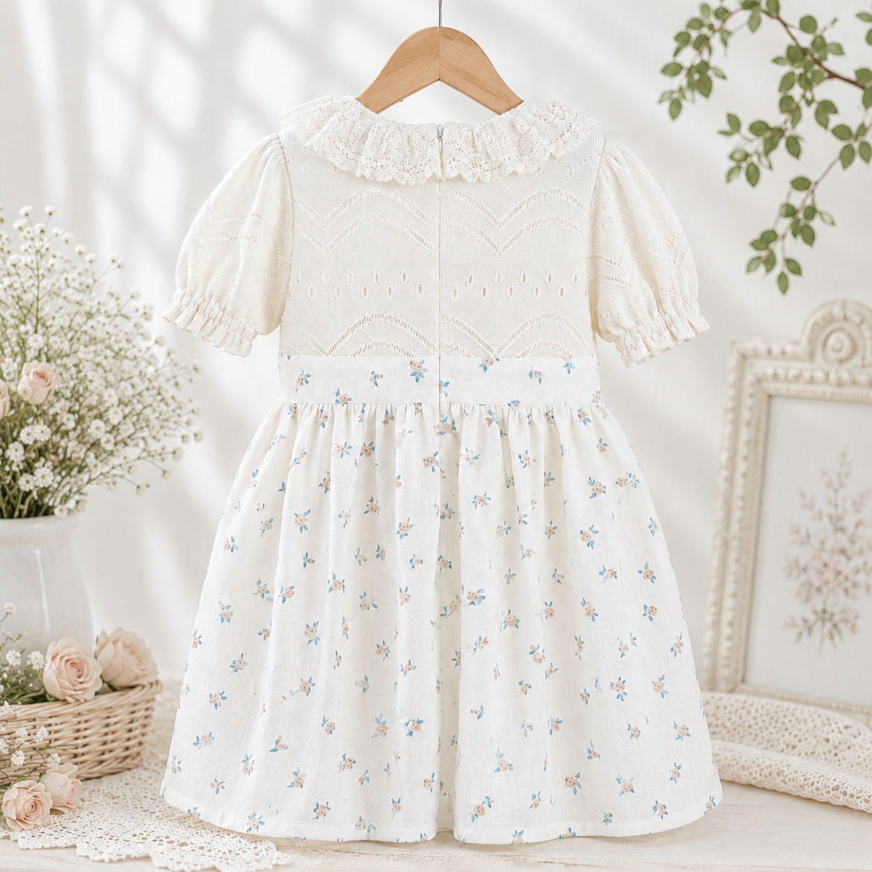 Girls cream floral print dress skirt detail shot showing delicate blue and pink flower pattern with roses and wicker basket styling by Babyli, boutique girls dresses UK