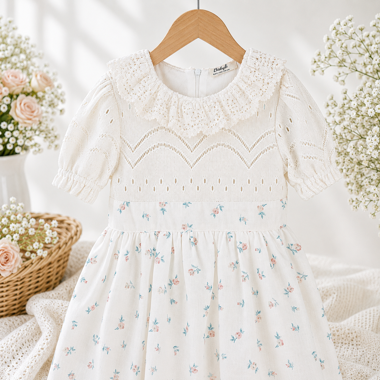Girls cream floral print dress close up showing smocked bodice detail and puff sleeves with wicker basket and rose styling by Babyli, boutique girls dresses UK